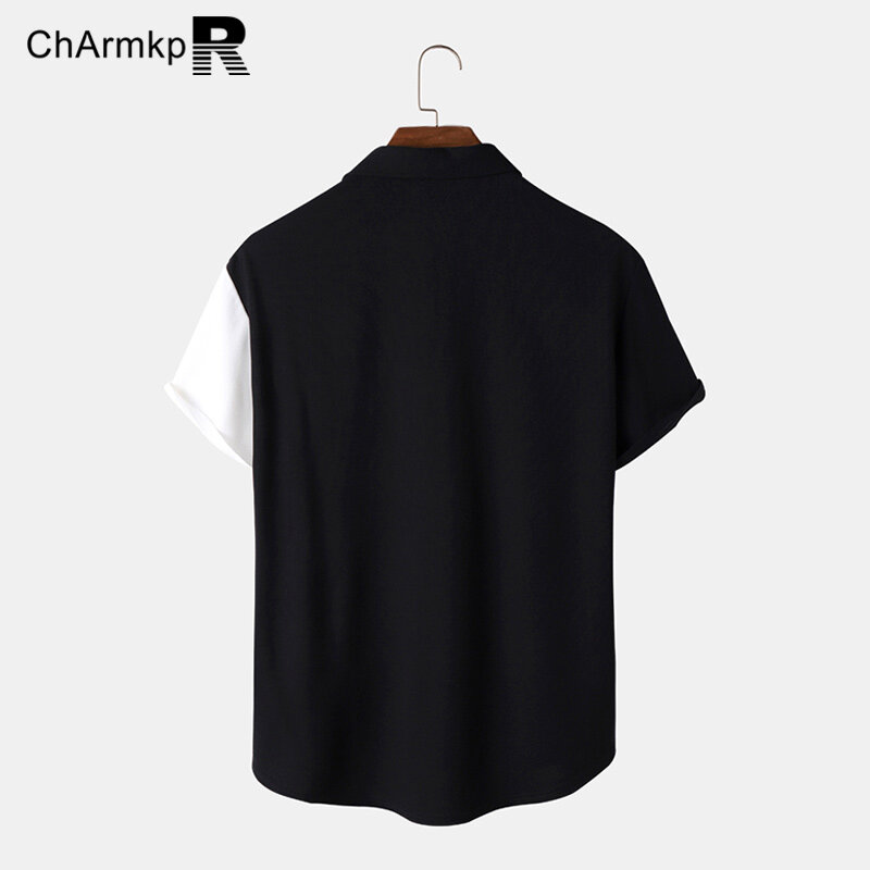 ChArmkpR 남성용 반팔 상의, 턴다운 칼라, 단추 업 셔츠, 오버사이즈 스트리트웨어, 여름 의류, 2024