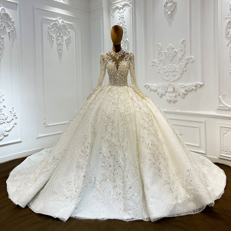 International Flash Sale Wedding Gown For Bride 2024 Organza Chapel Train Full Sleeves Sequins Backless Robe De Mariée LSCJ01