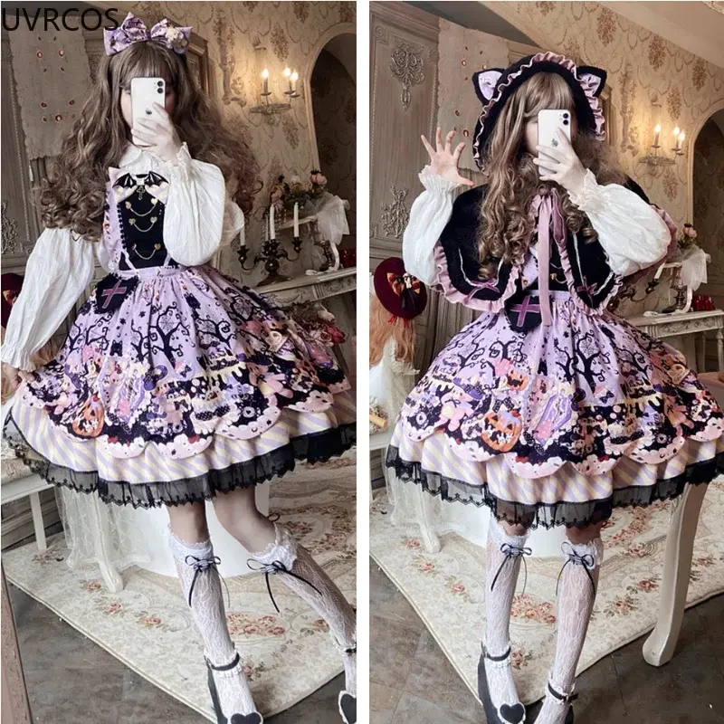 Japońska wiktoriańska Lolita Jsk sukienka Girl Halloween Cosplay kocie uszy płaszcz z kapturem sukienka na ramiączkach gotyckie damskie sukienki Kawaii