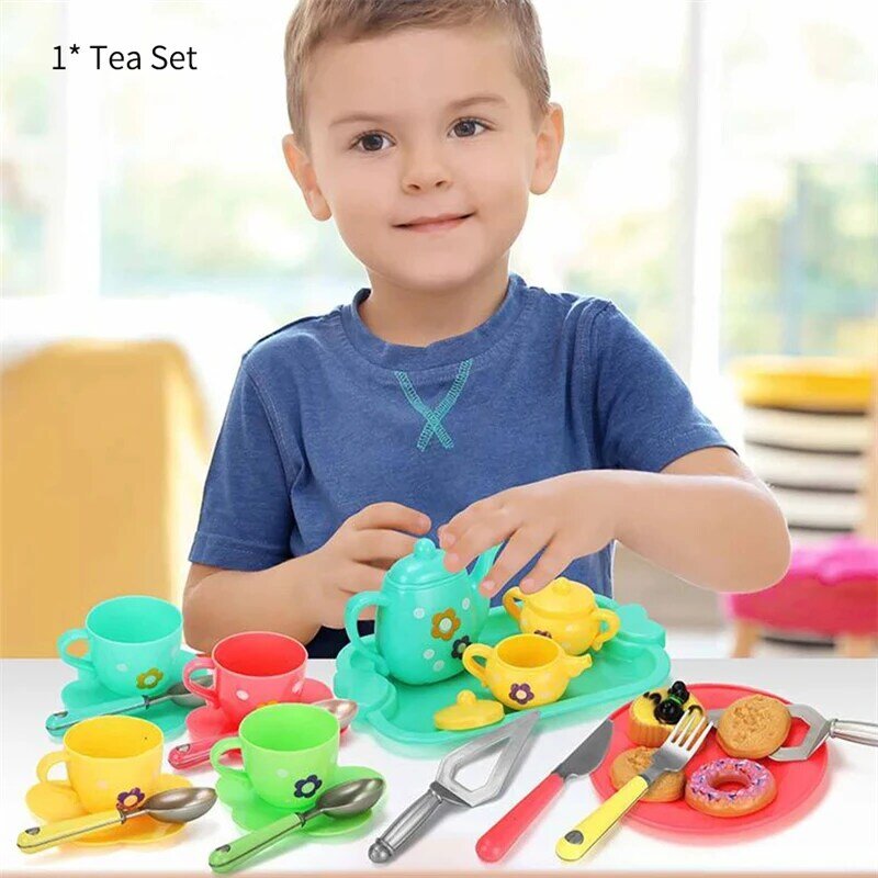Juego de té de la tarde para niños y niñas, casa de juegos de simulación colorida, taza de té, tetera, cuchara, platillo, Kit de pastel, juguetes para niños