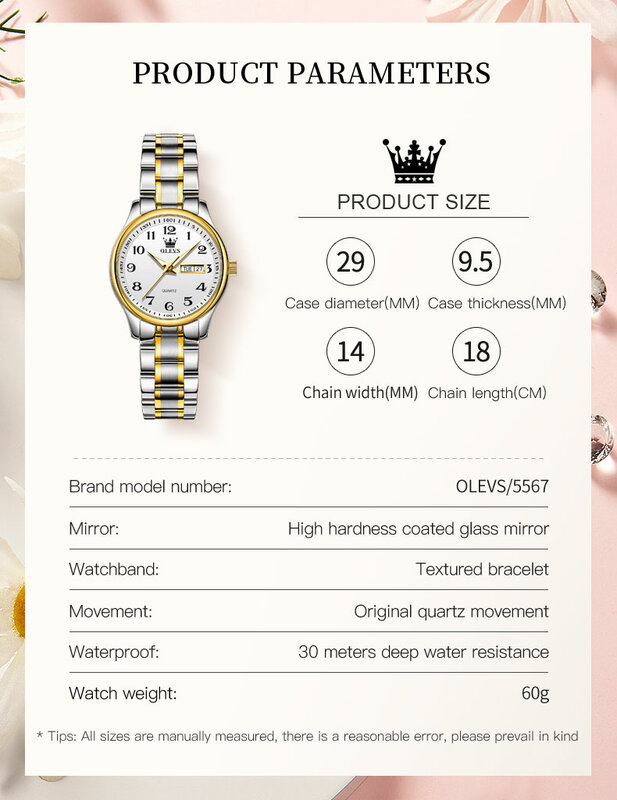 Olevs-女性の高級クォーツ時計、エレガントなステンレス鋼の時計、発光腕時計、防水、週と日付、女性のドレス