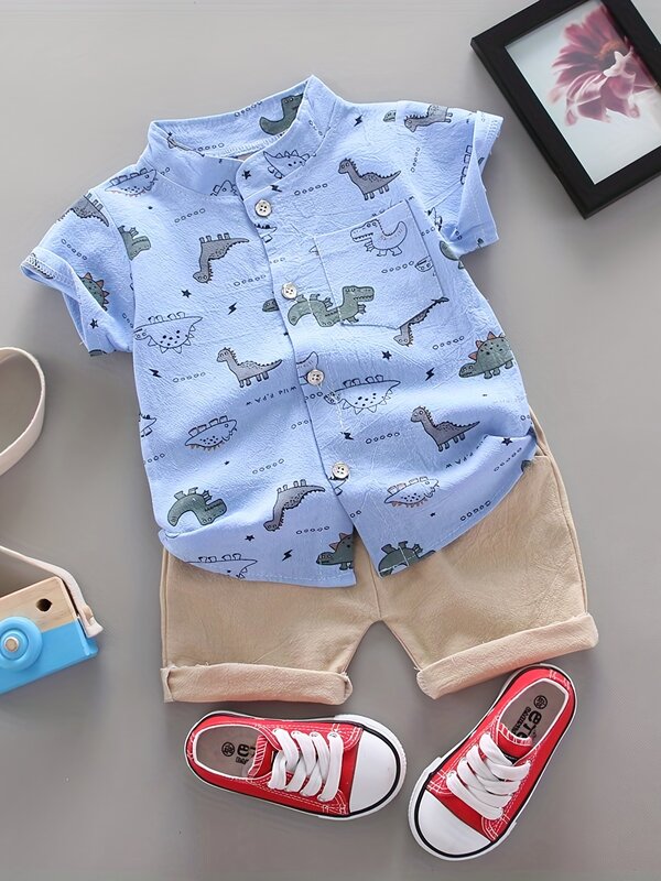 Infant and toddler summer full print small dinosaur pattern short sleeved shorts set, outdoor standing collar shirt, fashionable