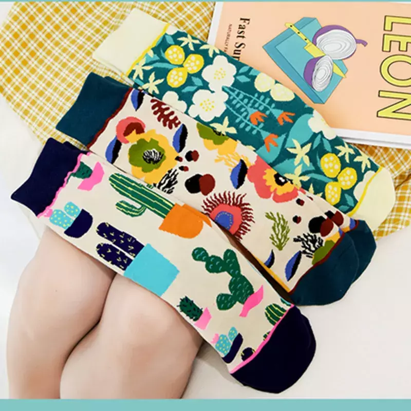 Calcetines divertidos y felices para mujer, medias de algodón con Graffiti de Cactus vegetal, personalizadas, a la moda