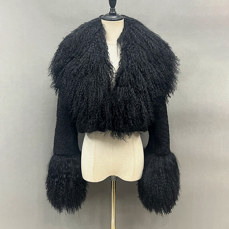 Lady Luxury Winter Thick Warm Mongolian Sheep Fur Collar and Cuffs Natural Fur Coats Women Stand Collar Crop Jacket