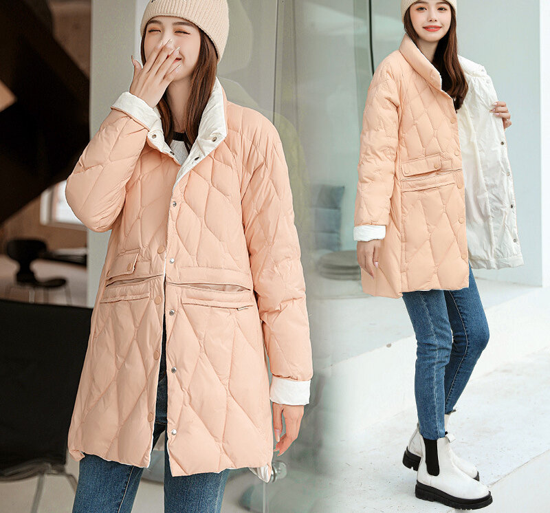 Mäntel für Winter Frauen Daunen jacke leichter mittellanger Stehkragen schlanker, hoher Fleece gehalt, kälte beständiger, warmer Mantel mantel