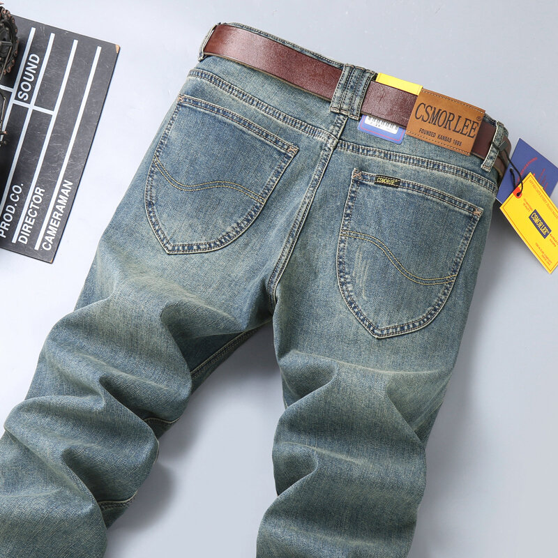 Men's Nostalgia Blue Jeans, Calças Clássicas, Hetero, Solto, Stretch, Escritório, Negócios, Casual, Novo, Vestível, 2024