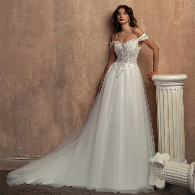 Precioso vestido de novia blanco con apliques de lentejuelas de encaje, vestido de novia largo hasta el suelo, con cuentas de perlas, hombros descubiertos
