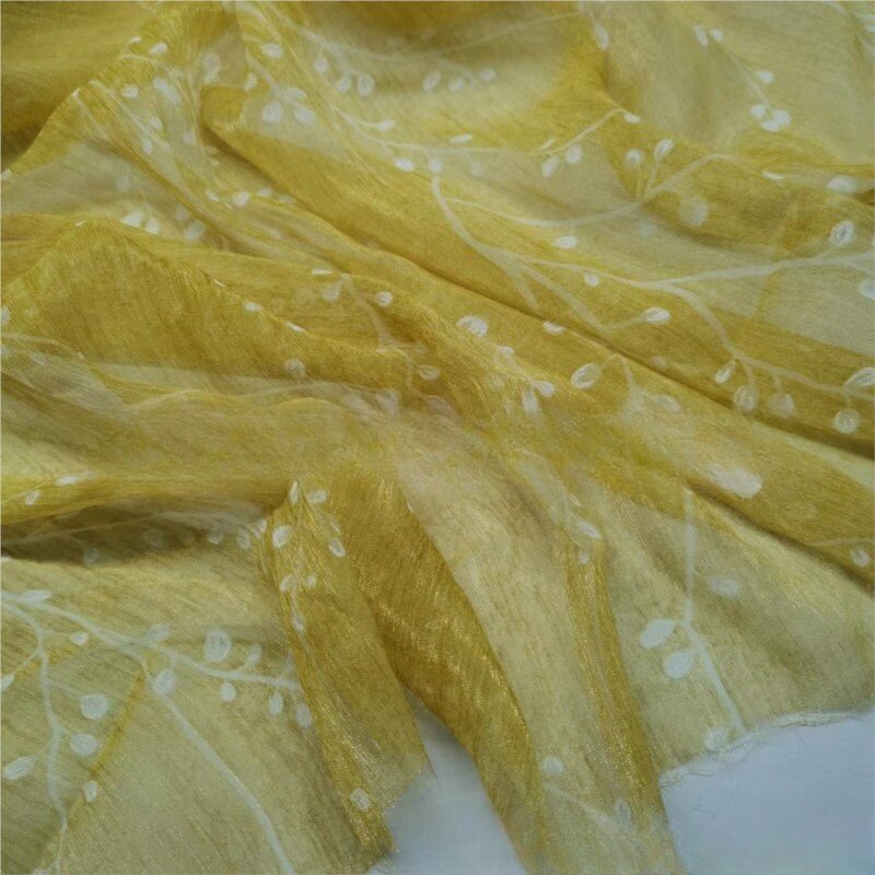 Tela de gasa de brocado de seda arrugada, impresión Offset, amarillo, verde, bricolaje, estilo antiguo, ropa china Han, decoración hecha a mano