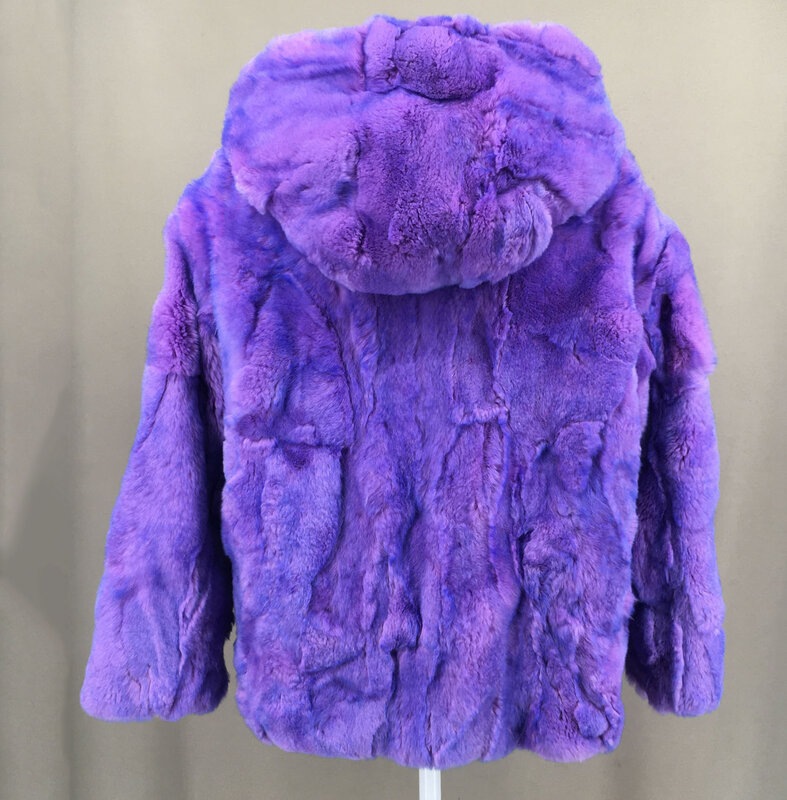 Cappotto di pelliccia di coniglio naturale reale Rex con cappuccio donna Casual autunno inverno peloso caldo viola arancione blu capispalla