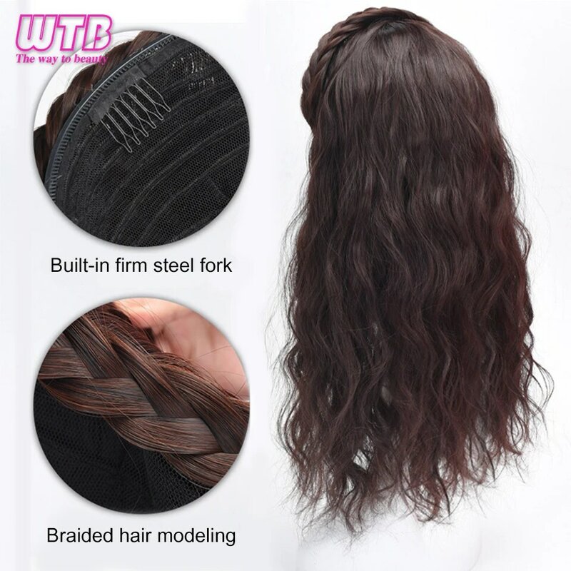 WTB syntetyczne długie peruka z lokami kobiety długie włosy figlarne splecione włosy opaska peruka pół głowy naturalne przedłużanie peruki
