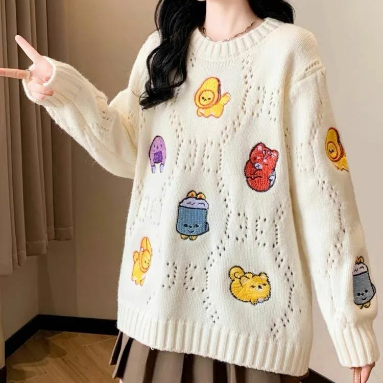 Hsa Cartoon Embroidered O Neck Pullover Knitted Sweater for Women's Autumn and Winter New Korean Loose Sweet Cartoon Pull