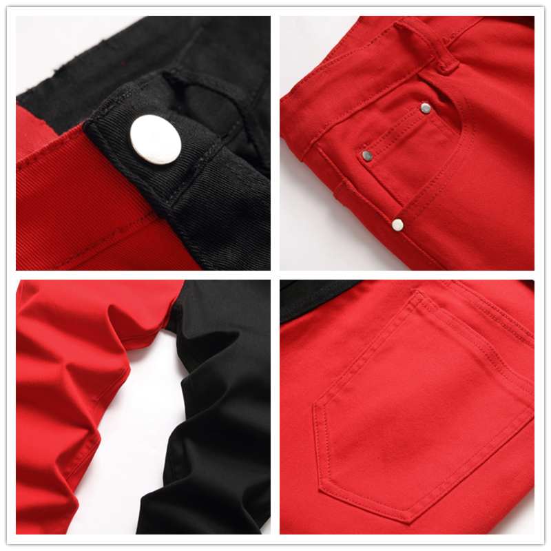 Calça jeans de retalhos preto e vermelho masculina, streetwear hip-hop, jeans rasgados, moda Harajuku