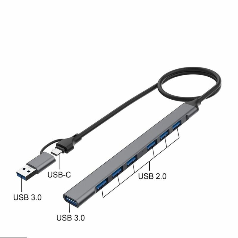 4 Ports Type-c Docking Station 7 Ports USB 3.0 USB Type C HUB PVC Grey Multi Splitter Adapter Computer Hub