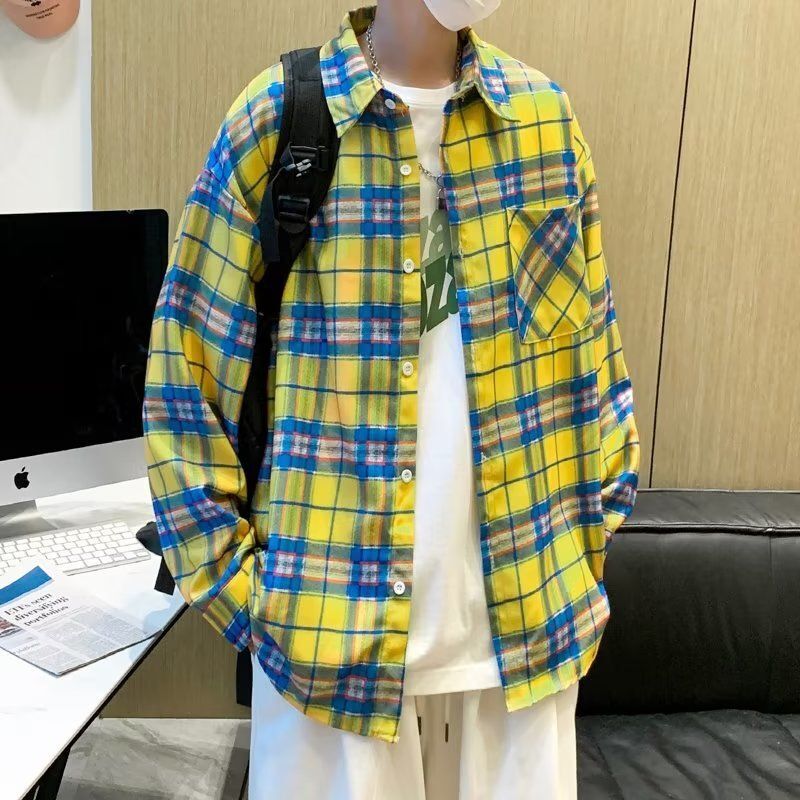 Conjunto de ropa de calle de dos piezas para hombre, camisa y pantalones de manga larga con solapa en contraste a cuadros, trajes de moda coreana X95, verano y primavera, 2023