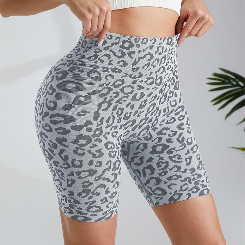 New Fitness Shorts Leopard Print Yoga Pants for Woman Summer High Waist Tummy Tuck Butt Lift Outdoor Sports Peach Butt Half Pant