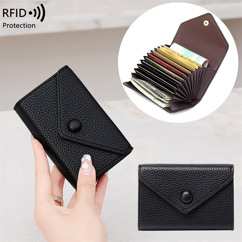 กระเป๋าใส่บัตรหลายช่องใส่ออร์แกนในกระเป๋าเก็บบัตร PU กระเป๋าใส่บัตรแบบขนาดเล็กแบบพกพาน้ำหนักเบาลายลิ้นจี่กระเป๋าใส่บัตรแบบ RFID กันขโมย
