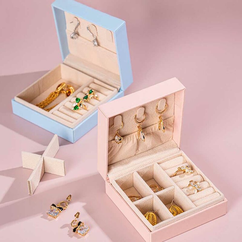 Kotak perhiasan portabel persegi 2023 anting-anting kulit PU kotak perhiasan penyimpan perhiasan kotak liontin Aksesori kemasan hadiah