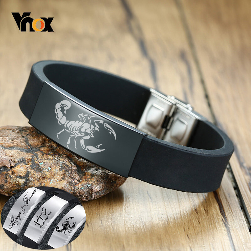 Vnox Personalize Engrave Bracelets for Men Comfortable Silicone Band with Stainless Steel ID Tag Custom Family BFF Gifts for Him