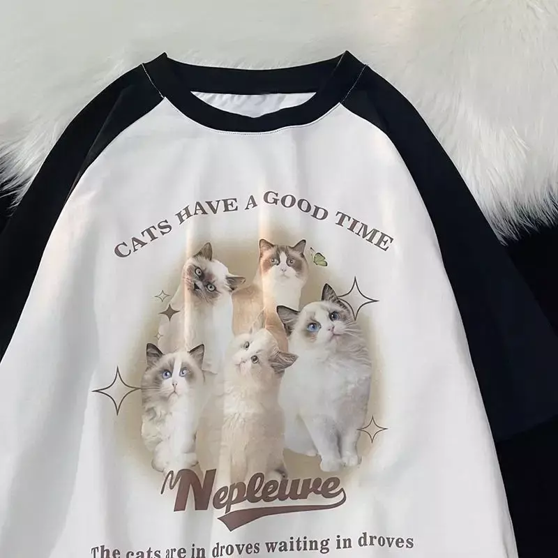 Cotton Cute Cat Graphic T shirt Summer Fashion Loose Women Vintage Personality Fresh art kawaii clothes Short Sleeve Tops