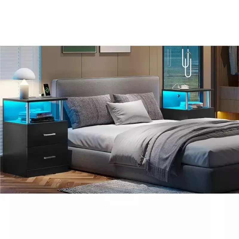 Meja samping tempat tidur dengan lampu LED, set 2, meja samping tempat tidur dengan penyimpanan terbuka dan 2 Laci, Meja samping modern di kamar tidur