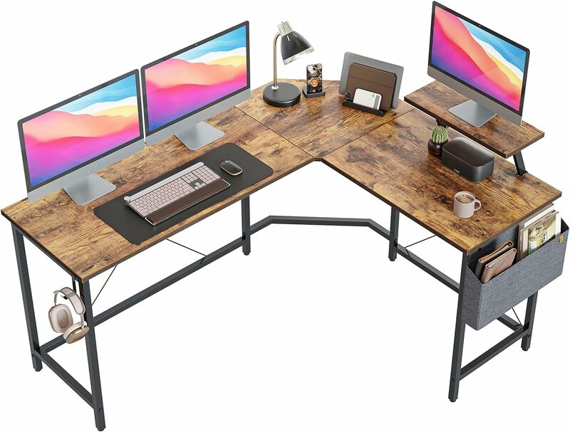 Mesa de jogos em forma de L com suporte para monitor, mesa do computador do escritório em casa, sala e quarto, marrom e rústico marrom, 47 polegadas, 51 polegadas, 58,1 polegadas