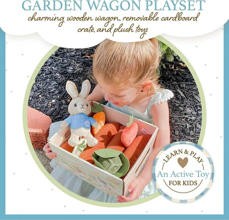 Beatrix Potter Peter Rabbit Wooden Garden Wagon and Plush Veggie Play Set,