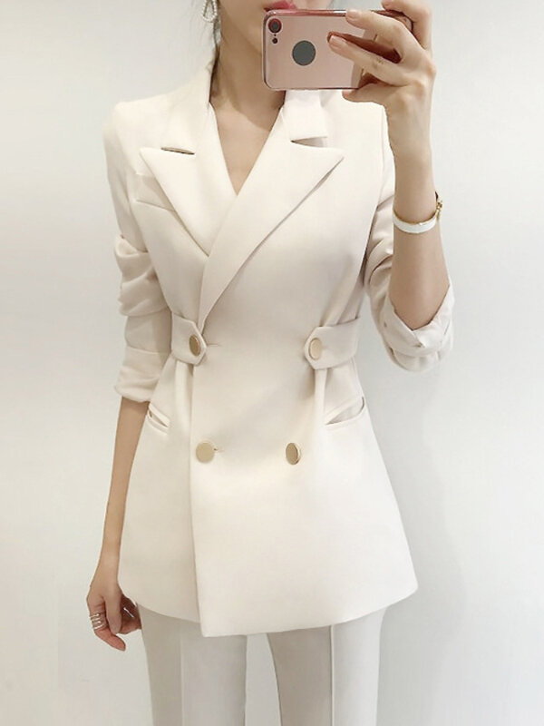 Setelan wanita baru musim semi 2024 mode Slim Fit Double Breasted saku warna Solid Korea setelan kasual temperamen kantor wanita