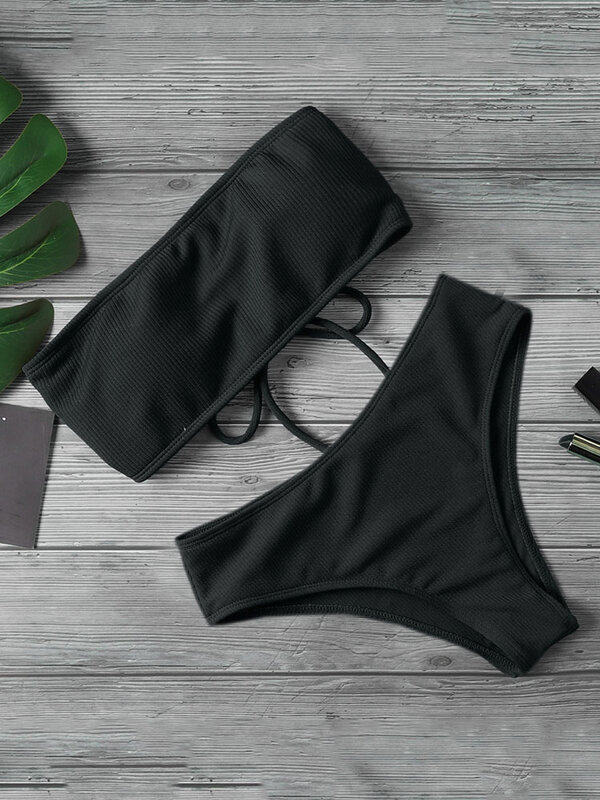 2024 nowe Bikini damskie stroje kąpielowe wysoki stan bez ramiączek seksowne Bikini czysty kolor kobiet strój kąpielowy wyściełany kostium kąpielowy Monokin