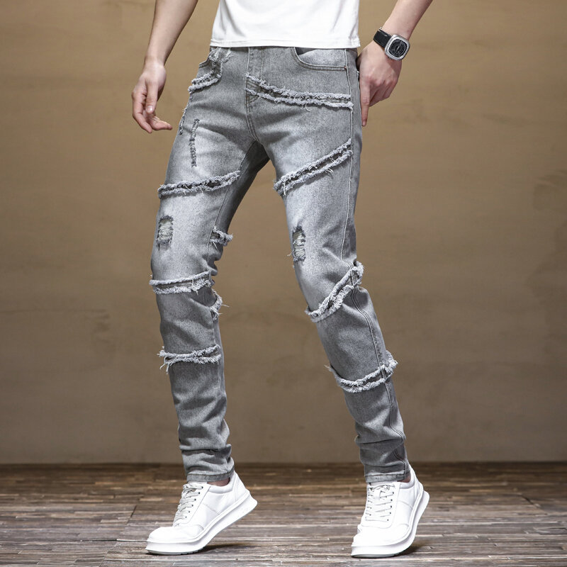 2024New przystojny, podarte jeansy męskie Slim Fit Stretch osobowość postrzępiona w stylu Retro osobowość sprana spodnie motocyklowe