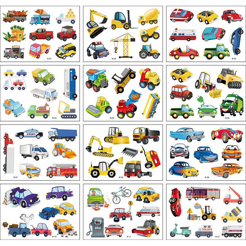12 Pack Auto Tattoo Stickers Kinderen Cartoon Cognitieve Speelgoed Wegwerp Tijdelijke Tattoo Papier Transport Stickers