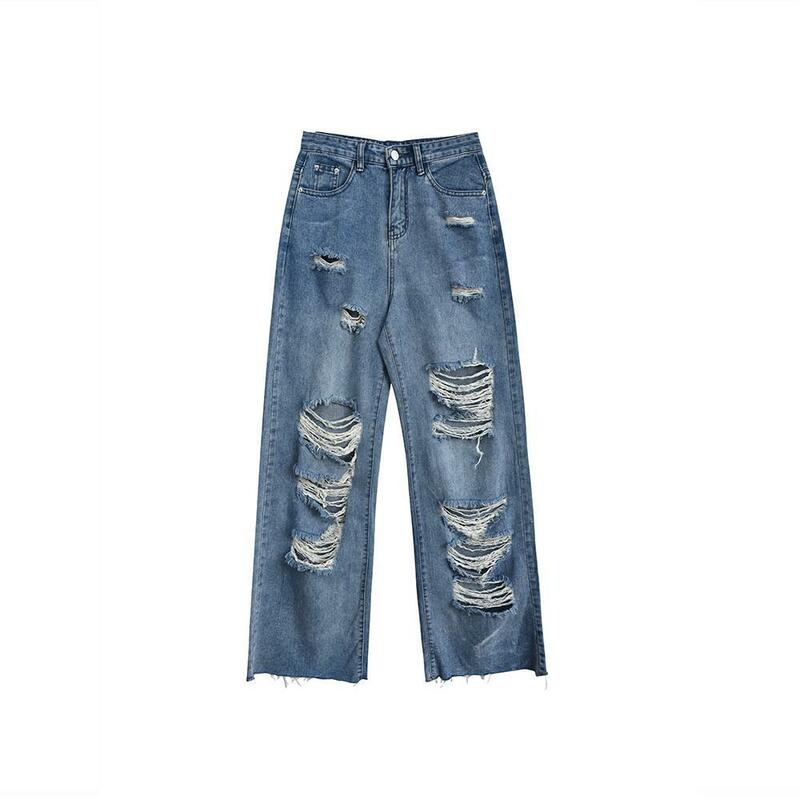 Y2K летние женские прямые брюки в уличном стиле, рваные джинсы с высокой талией, свободные широкие брюки, женские джинсы