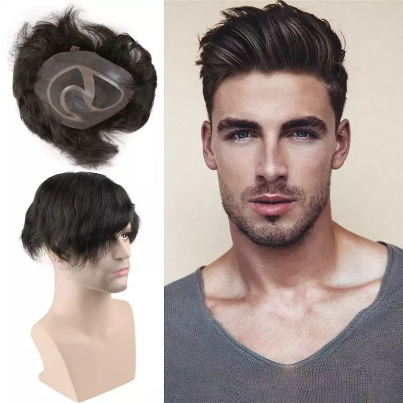 Men's Human Hair Toupee | Thin Skin & Mono Lace Top | Hairpiece Replacement System | Dark Brown Wig | Tsingtaowigs Hair System