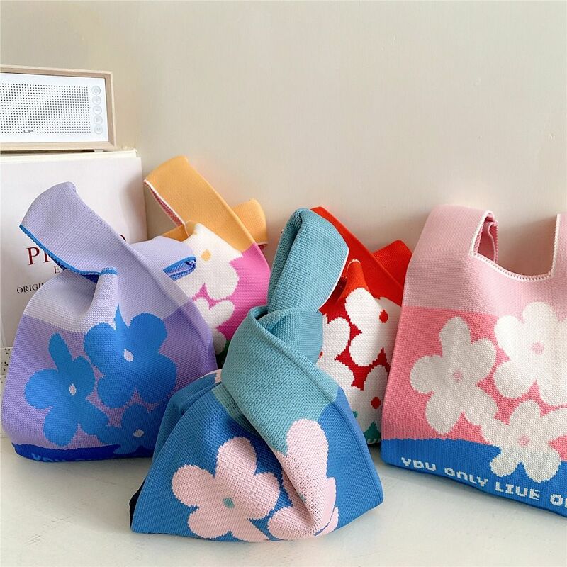 New Fashion Handmade Wide Stripe Knit Handbag Women Mini Wrist Bag Casual Color Plaid Tote Bag Student Shopping Bags