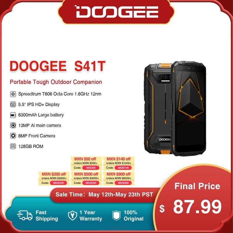 DOOGEE-teléfono inteligente S41T resistente, smartphone con pantalla IPS HD de 5,5 pulgadas, 13MP Triple ia de cámara, 8GB de RAM + 64 GB de ROM, Quad Core, 6300mAh, Android 13