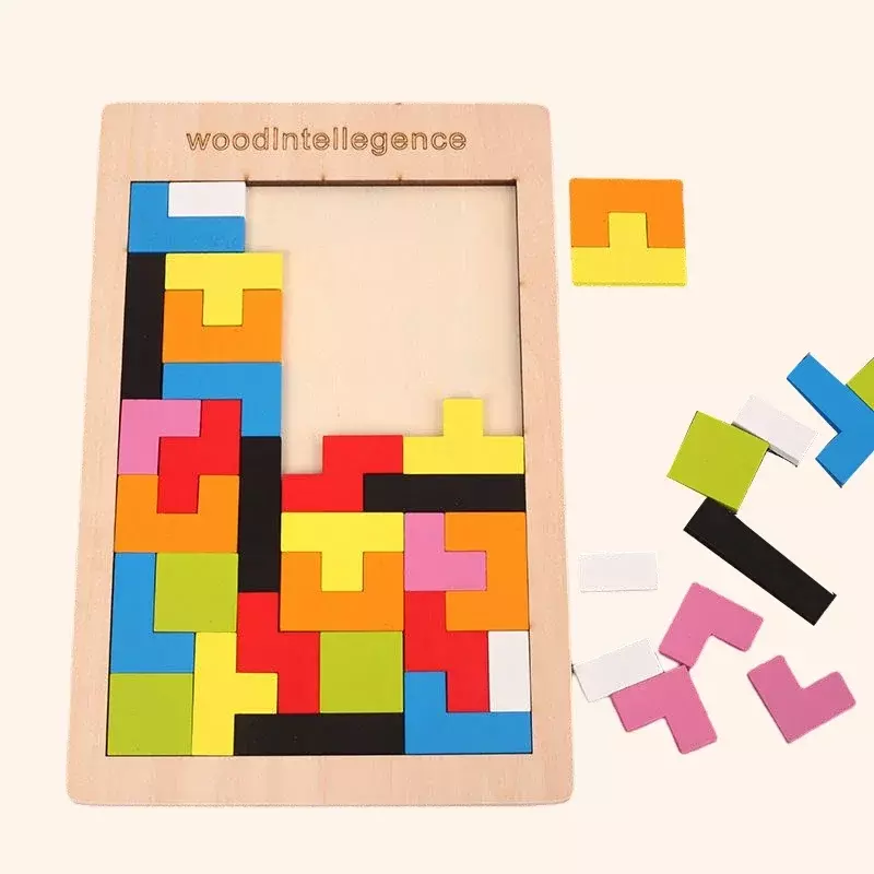 Mainan Puzzle kayu 3D, mainan Tangram kayu Puzzle bentuk warna untuk anak-anak