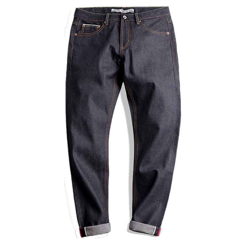 Maden Jeans gelap kelas atas, celana Denim runcing katun klasik ramping lurus, ukuran 28 sampai 36 Retro 14.5oz