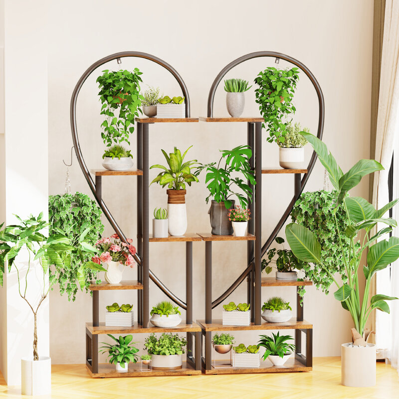 Soporte de Metal de 6 niveles para plantas, escalera creativa con forma de medio corazón para múltiples plantas de interior, estante negro
