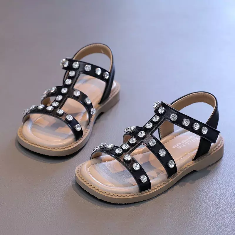 Sandały dziewczęce letnie luksusowe kryształki dziecięce księżniczka przyczynowa sandały z odkrytymi palcami modne eleganckie dziecięce sandały na płaskim obcasie plażowe haczyki