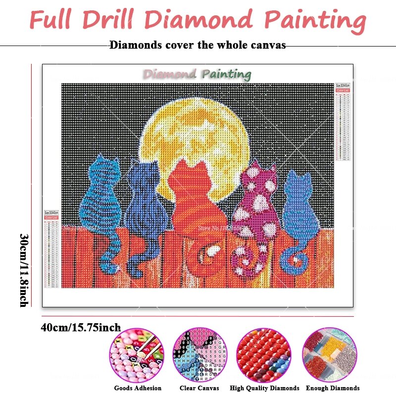 5D DIY pintura diamante, desenhos animados gatos mosaico, quadrado cheio ou redondo broca, bordado, 5 gatos assistindo, lua e noite, mosaico Kits
