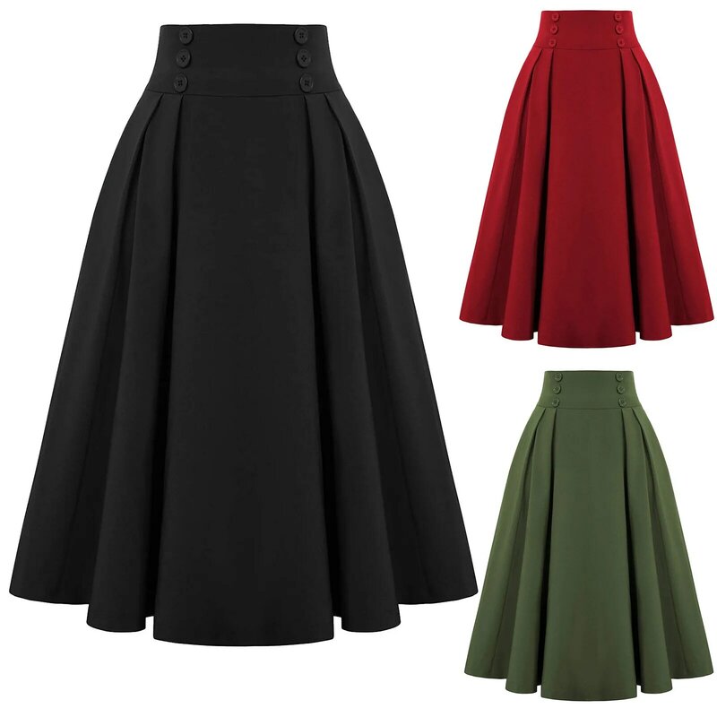 ボタン付きの女性用ハイウエストミディスカート、単色、黒、赤、黄色、緑、夏のファッション、新しい、ヴィンテージ、2022
