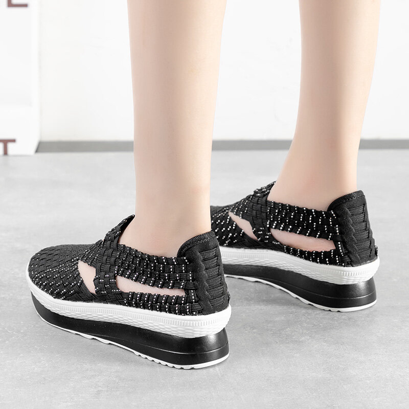 STRONGSHEN sepatu tenun buatan tangan wanita sepatu datar kasual Platform selop bersirkulasi Sneakers jalan mode Tenis tinggi 4.5CM