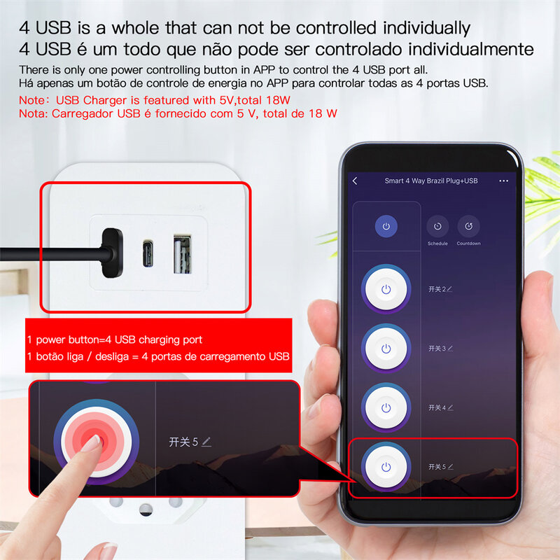 WiFi Brazil Smart Power Strip Pelindung Lonjakan Arus 4 Brazil Plug BR Outlet Soket USB Tipe C Tuya App Kontrol Suara Oleh Google Alexa
