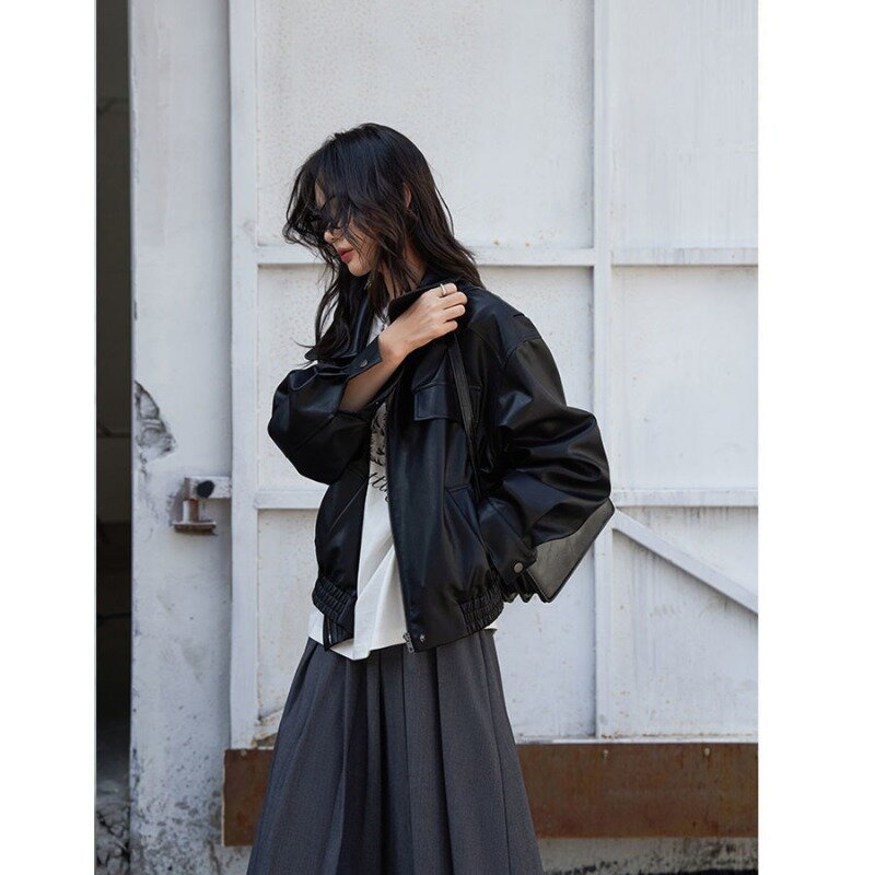 Deeptown Vintage krótka skórzana kurtka damska koreańska moda Y2k Streetwear kurtki wyścigowe PU zamek błyskawiczny Oversized Harajuku estetyczne