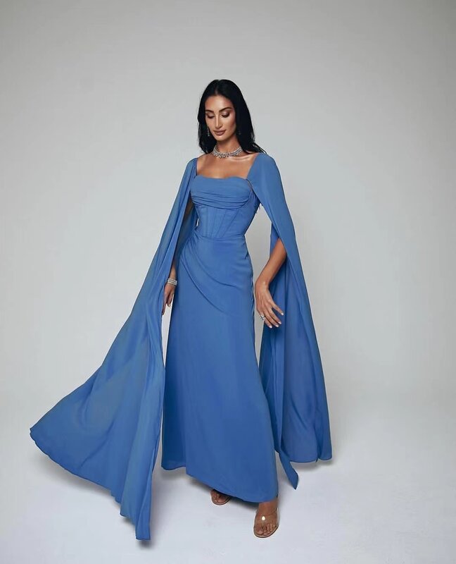 Vestido de fiesta azul con escote cuadrado para mujer, traje de noche con tirantes regulares, largo hasta el suelo, vestido Formal de Arabia Saudita
