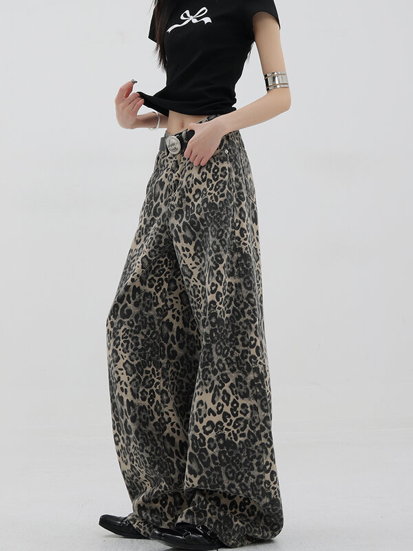 Pantalones vaqueros con estampado de leopardo para mujer, pantalón Vintage de pierna ancha y cintura alta, ropa de calle informal a la moda, Y2k, novedad de verano