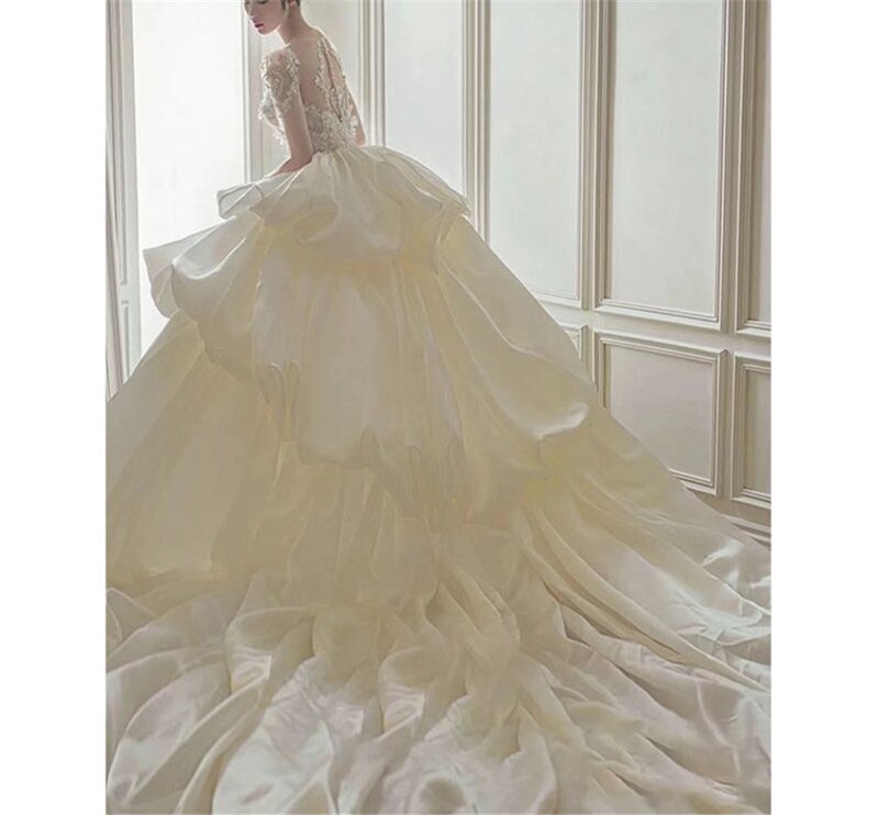 Frauen Satin Ballkleid Hochzeit Kleid Prinzessin Luxus Abnehmbare High Neck Kristall 3D Floral Appliqued Brautkleid Robe De Mariée