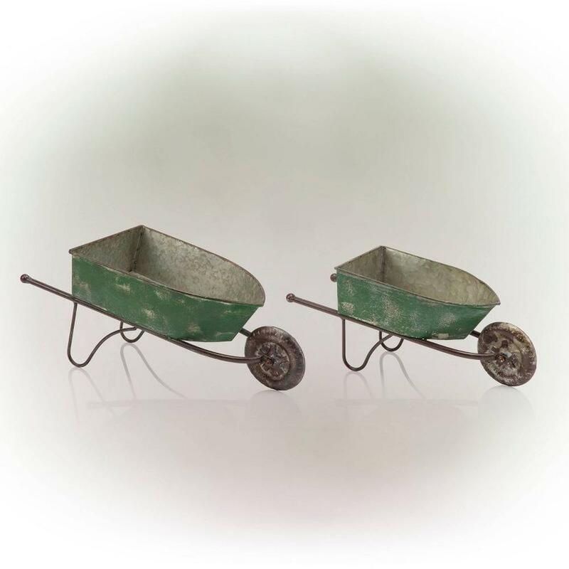 2pk Rustic Iron Wheelbarrow Garden Planter Set - Green Vintage Lawn Décor  Weatherproof and Durable  Construction 