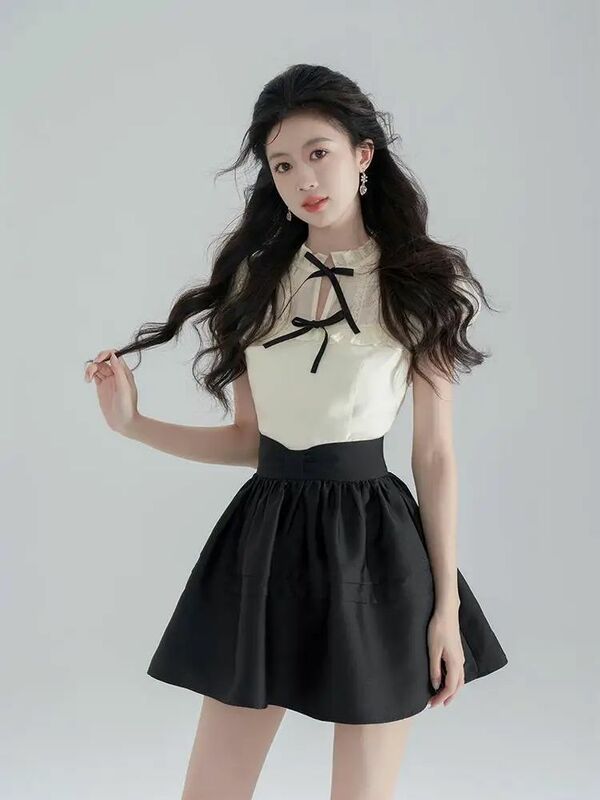 Zomer 2 Delige Set Vrouwen Shirt Tops Xiaoxiangfeng College Stijl Zwarte Koreaanse Stijl Rok Pak Dames Jurk