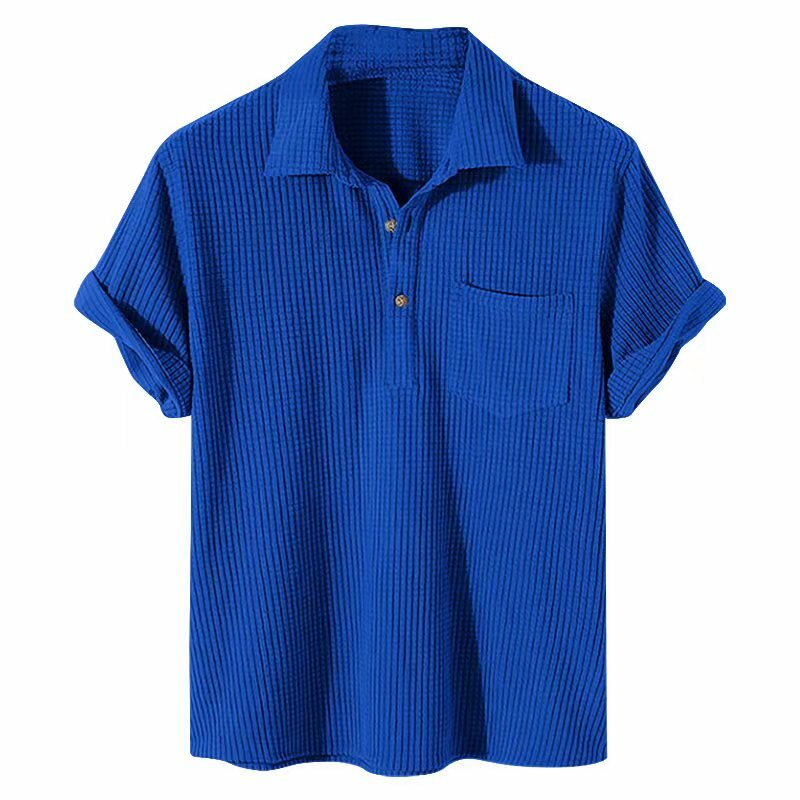 Camisas polo xadrez casual masculina, gola virada para baixo, blusa de botão, manga curta, bolso sólido, roupas masculinas, novo, 2022