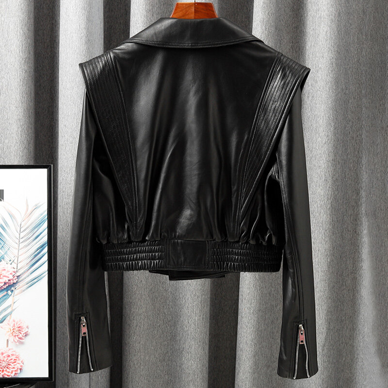 Jaquetas de couro genuíno para senhoras, jaquetas bomber de pele de carneiro, jaqueta curta de motocicleta, preto e branco, CL4154